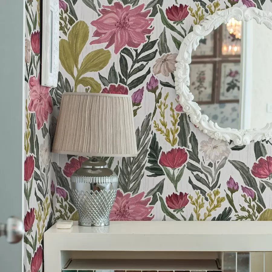 Fototapet Frodiga rosa och krämfärgade blommor på vit bakgrund, impastotekstur a00629v1