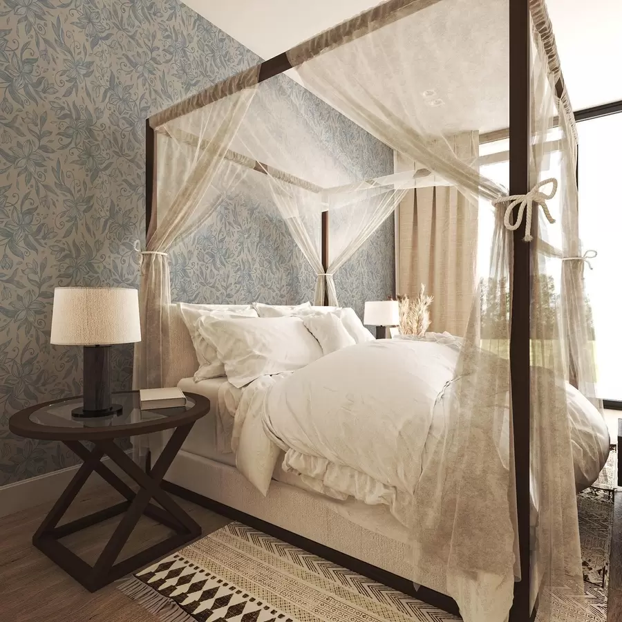 Fototapet Blått linjärt blommönster på varm beige a00630v2