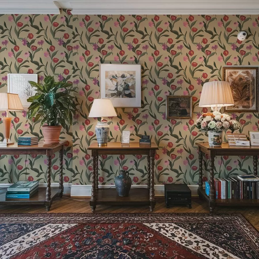 Fototapet Rosa-röda blommor på beige bakgrund, handritad textur a00631