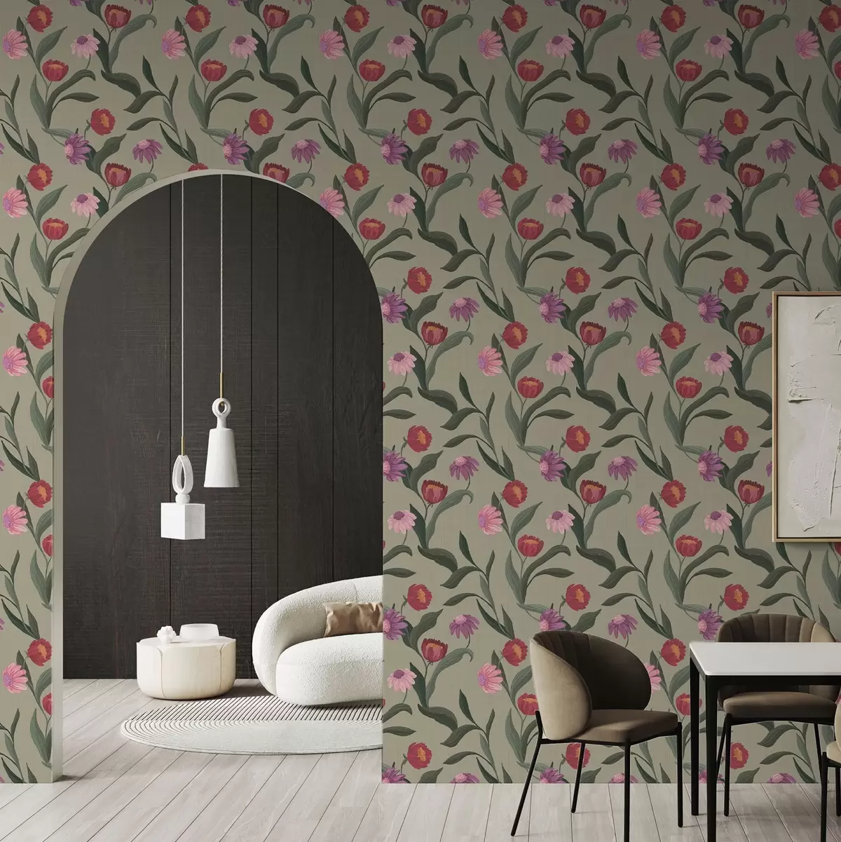 Bakgrund Rosa-röda blommor på olivgrön bakgrund, dukstruktur a00631v1