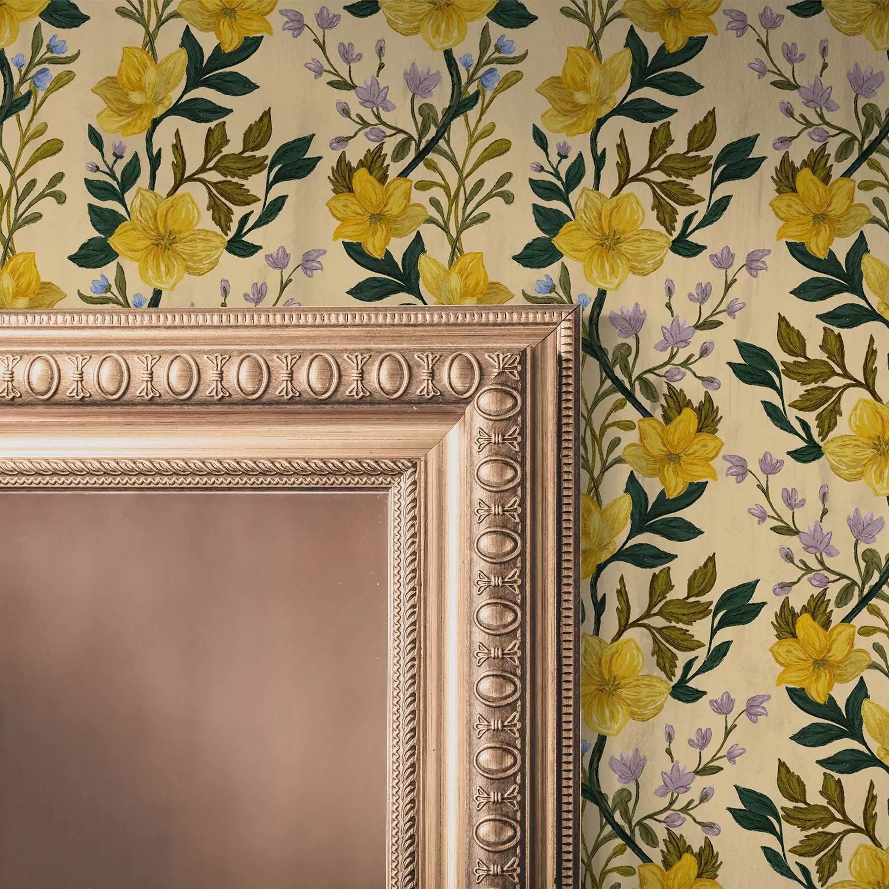 Fototapet Gula blommor i vertikala girlander på en krämfärgad bakgrund a00632