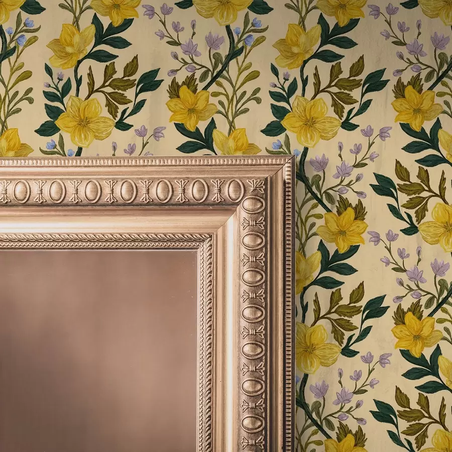 Fototapet Gula blommor i vertikala girlander på en krämfärgad bakgrund a00632