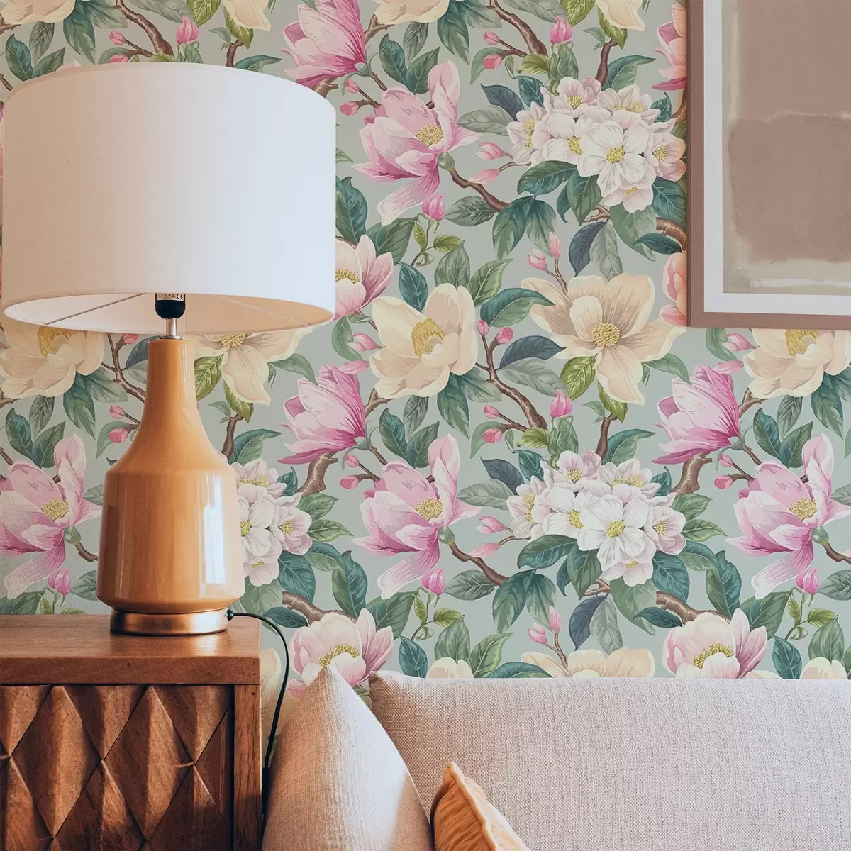 Bakgrund Magnolior och vita blommor på en mintgrå bakgrund a00644