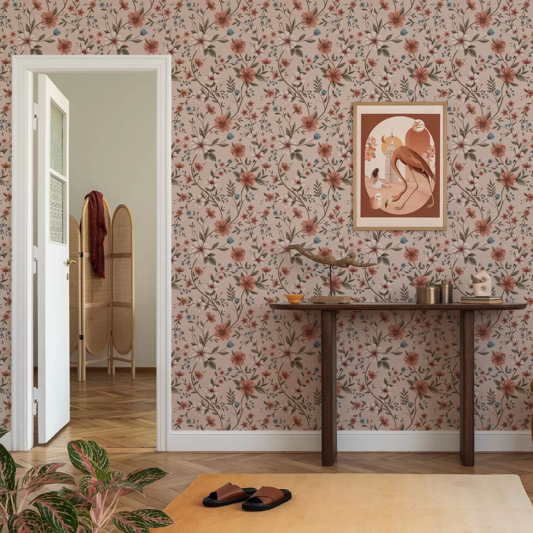 Fototapet Rosa korallblommor och bladverk på dammigt rosa a00667