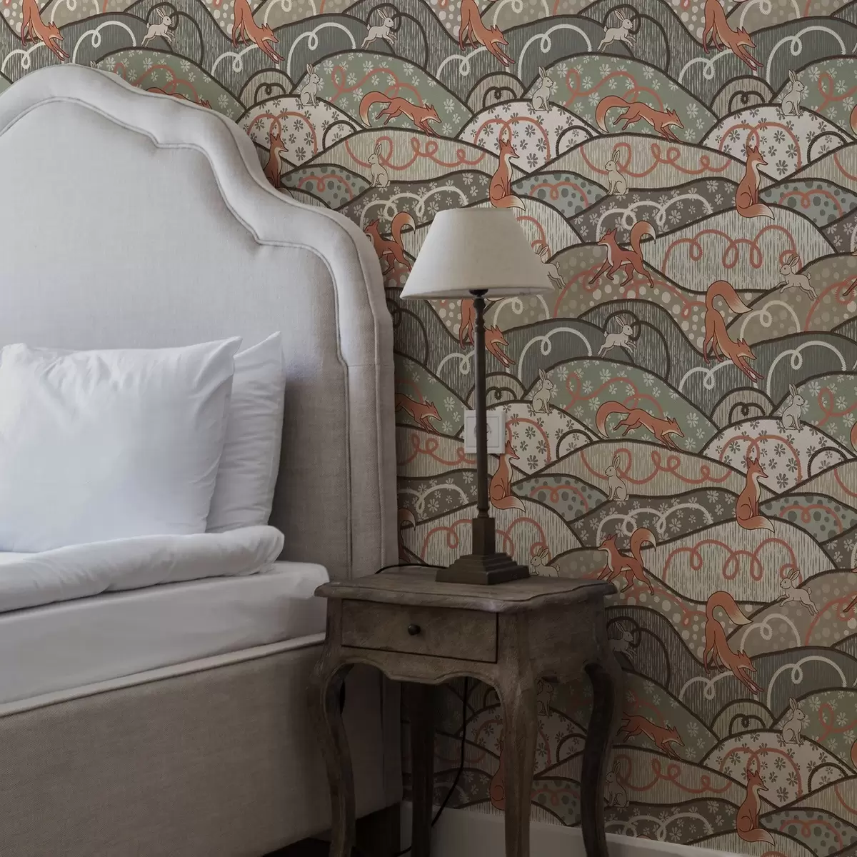 Bakgrund Rävar och harar på böljande kullar, retromönster a00690