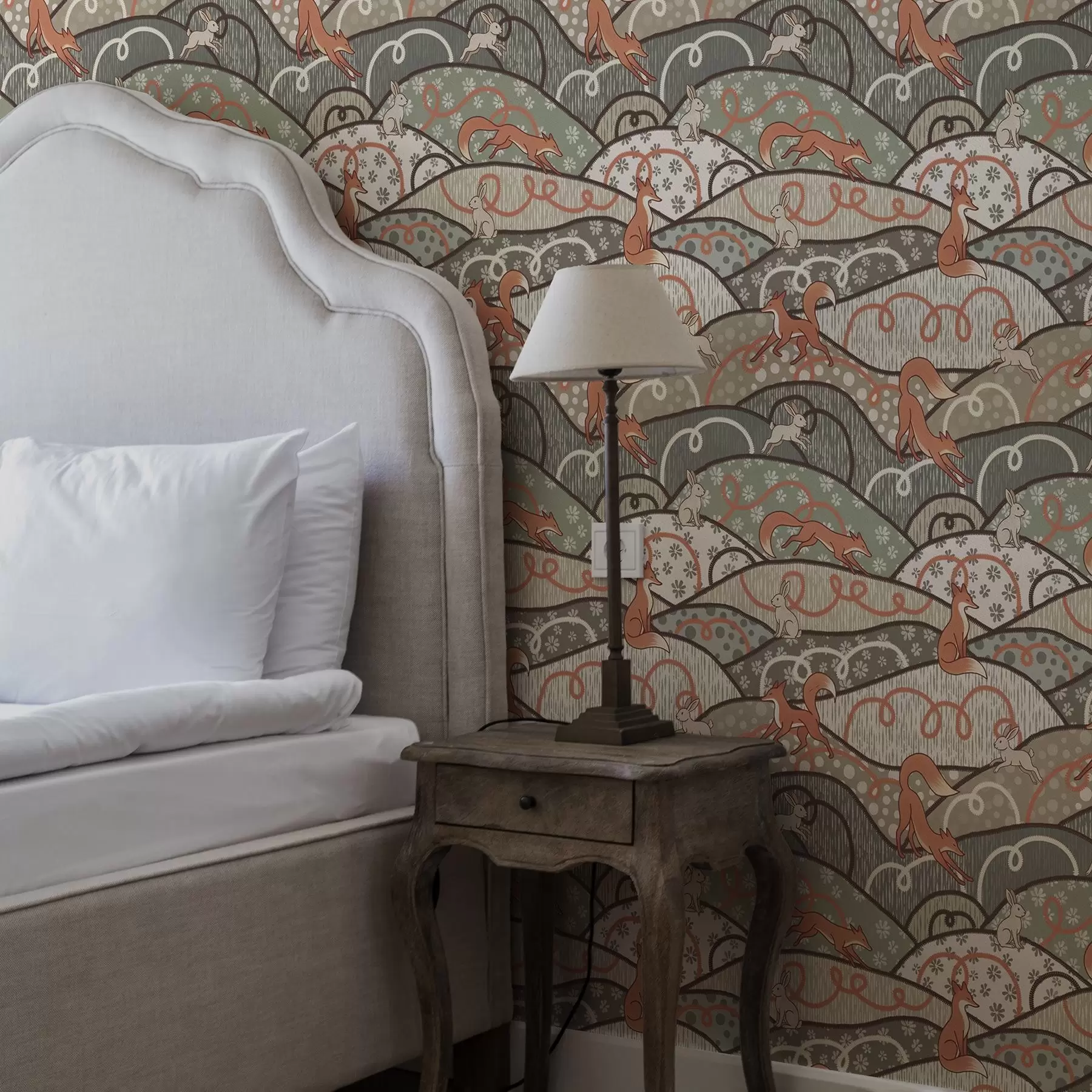 Fototapet Rävar och harar på böljande kullar, retromönster a00690