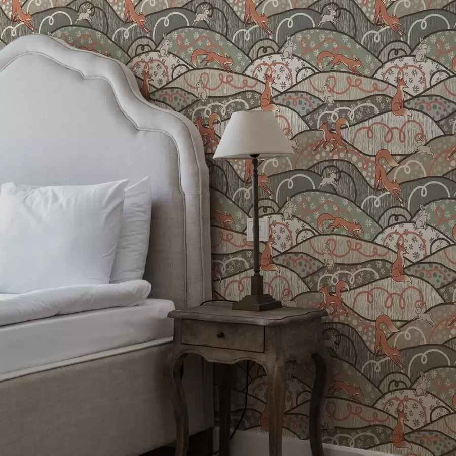 Fototapet Rävar och harar på böljande kullar, retromönster a00690