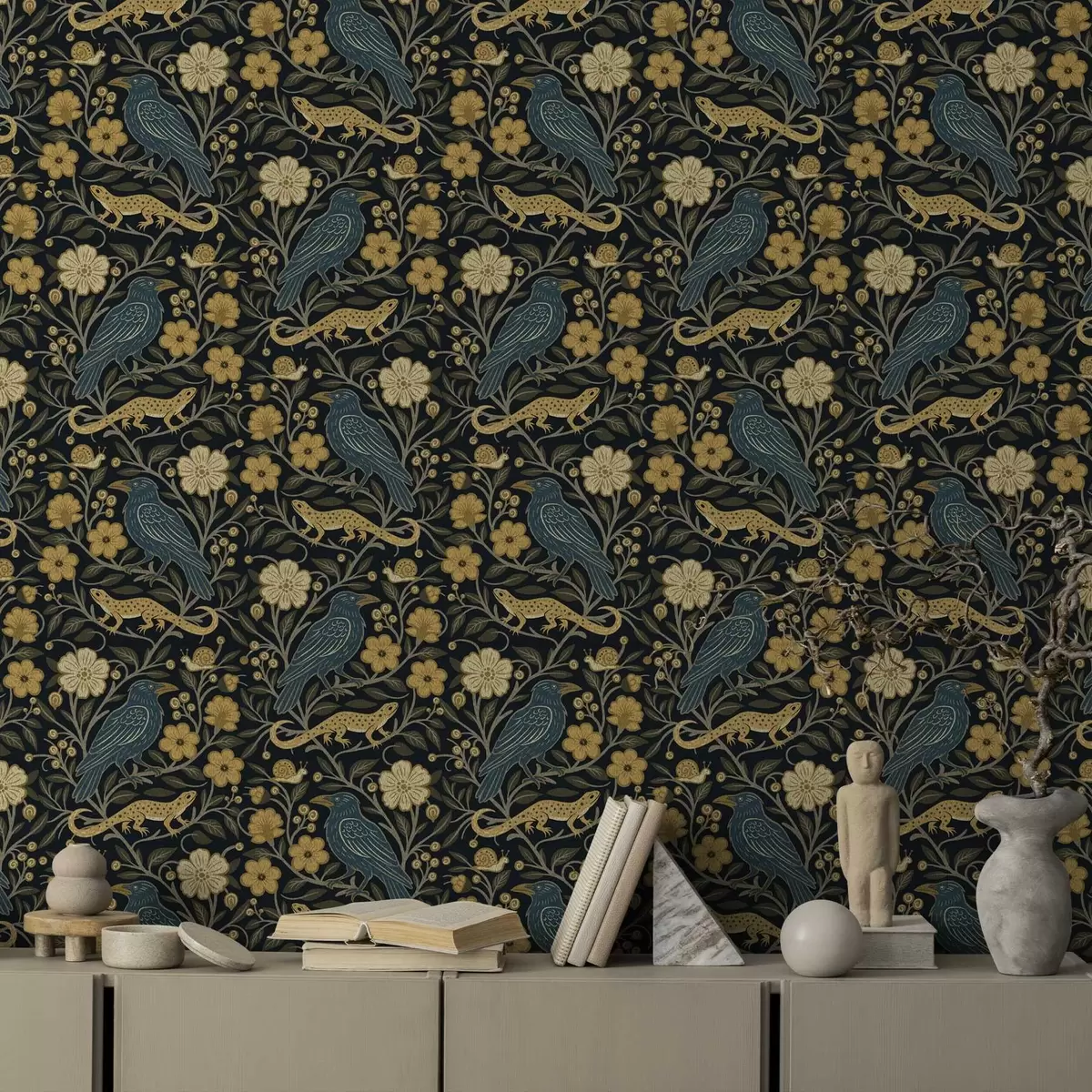 Bakgrund Fåglar, ödlor och sniglar bland blommor på mörk bakgrund a00691