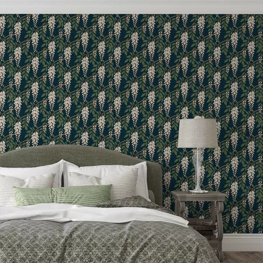 Fototapet Elfenbensvit blåregn på en djup blågrön bakgrund a00694v1