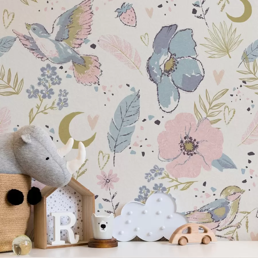 Fototapet Pastellfärgade fåglar och blommor med halvmånar på vit bakgrund a00721