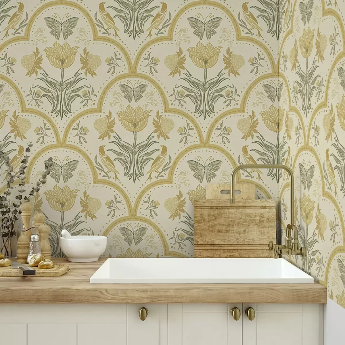 Bakgrund Ornament med tulpan, fåglar och fjärilar, ockra a00722