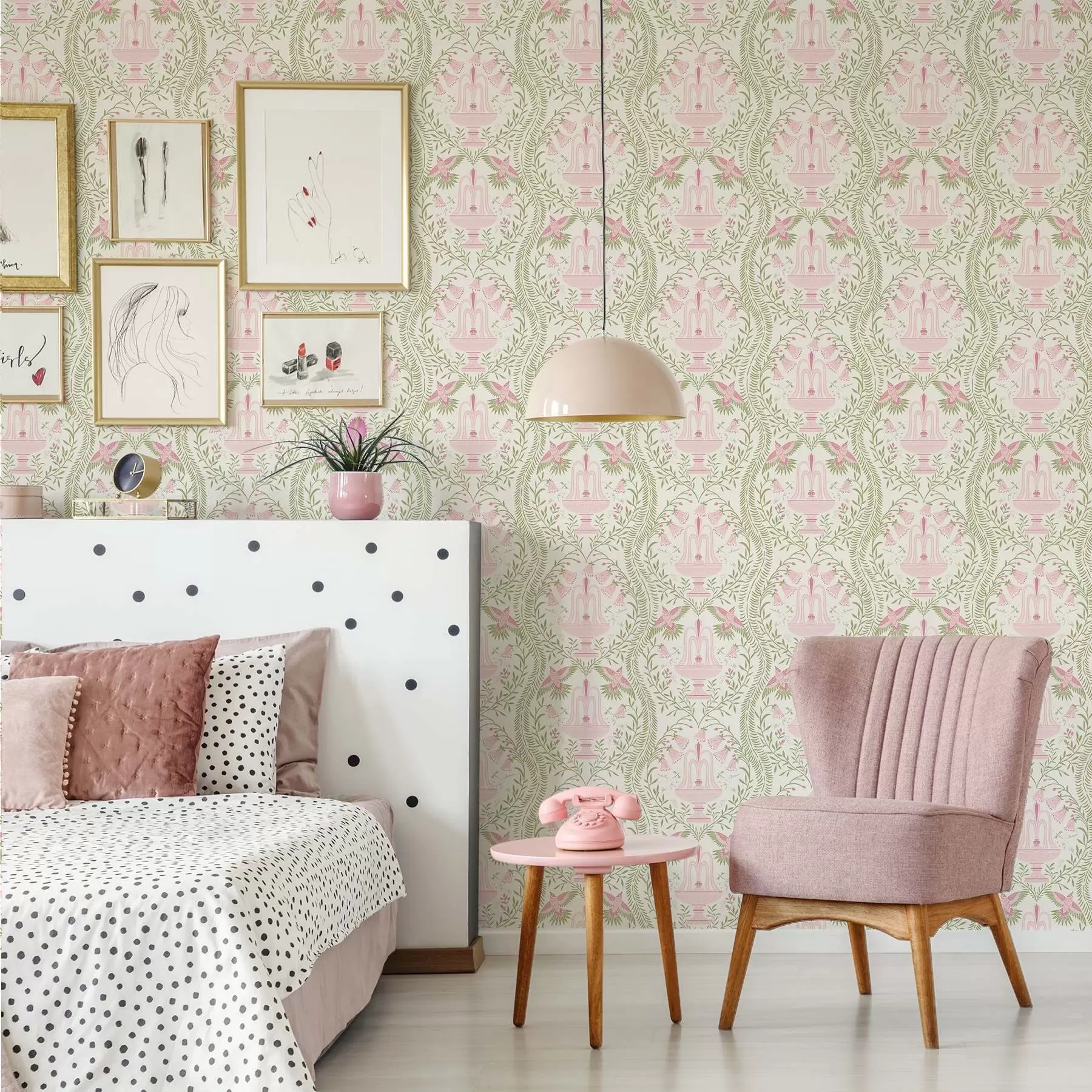 Fototapet Fontäner, kolibrier och gröna rullar på en ljus bakgrund a00723