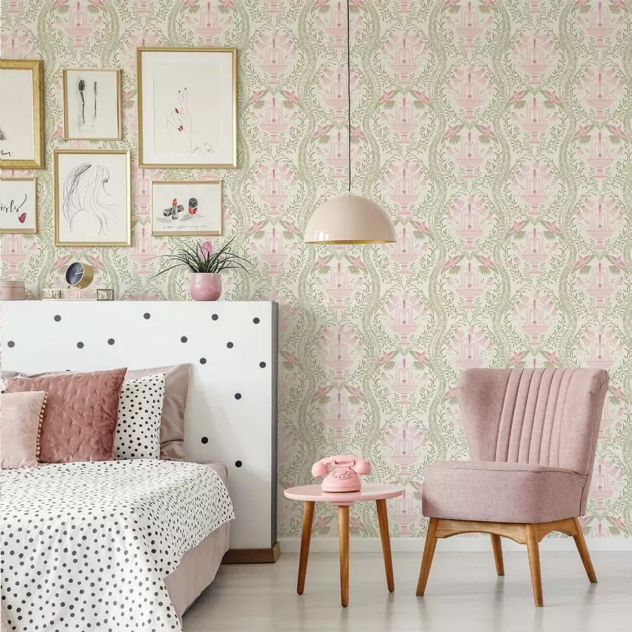 Fototapet Fontäner, kolibrier och gröna rullar på en ljus bakgrund a00723