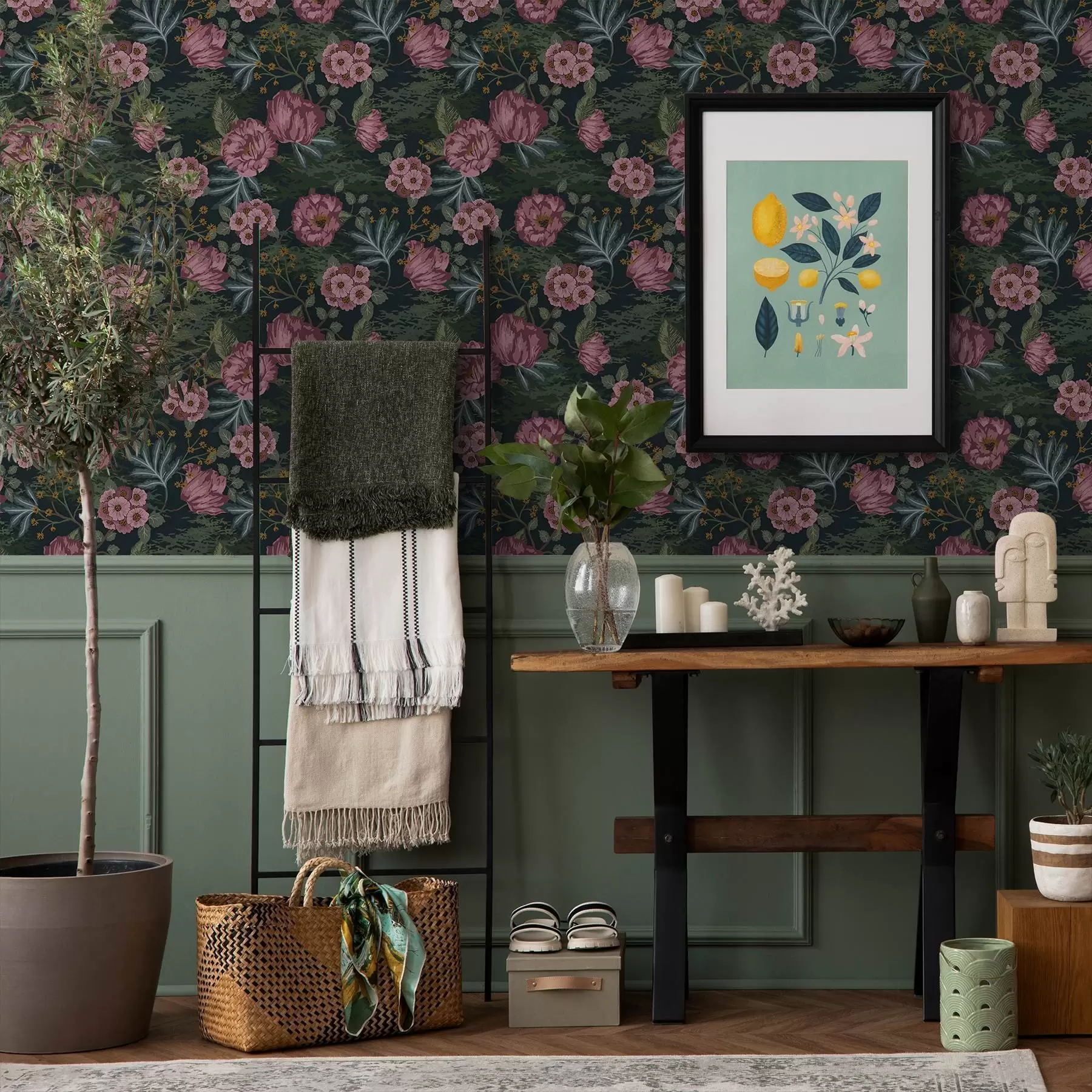 Fototapet Mörk flora med rosa blommor och blad, djup bakgrund a00724