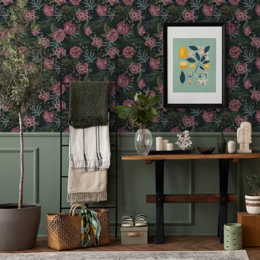 Fototapet Mörk flora med rosa blommor och blad, djup bakgrund a00724