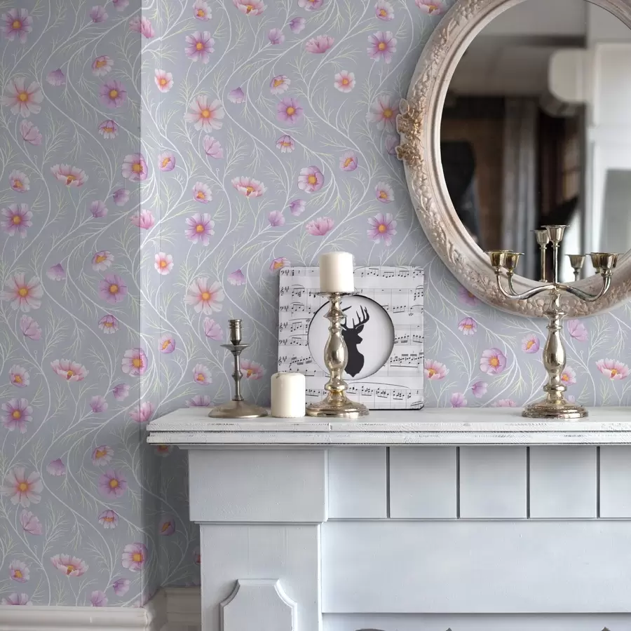 Fototapet Rosa kosmos och smala stjälkar på grå bakgrund a00791