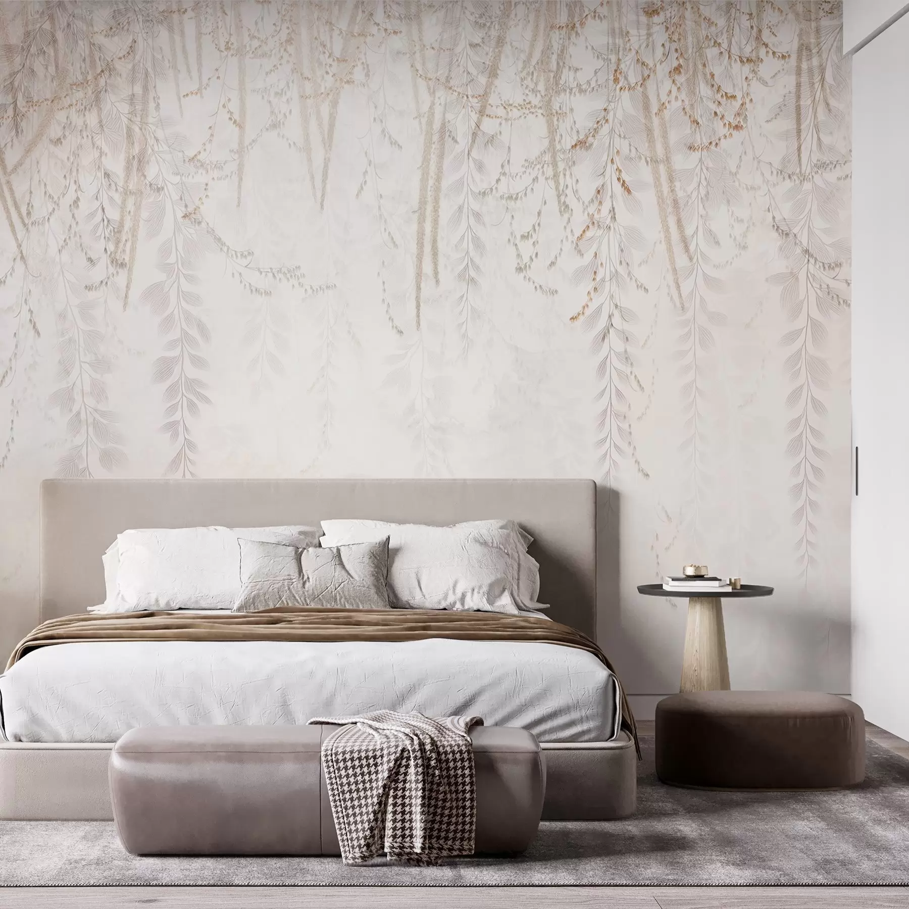 Fototapet Lätta hängande löv och grenar i beige toner w09433