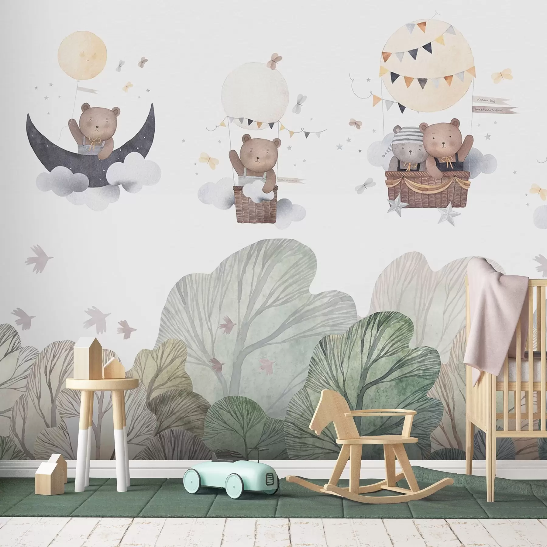 Fototapet Akvarellmålade ballonger med björnar över skogen w09437