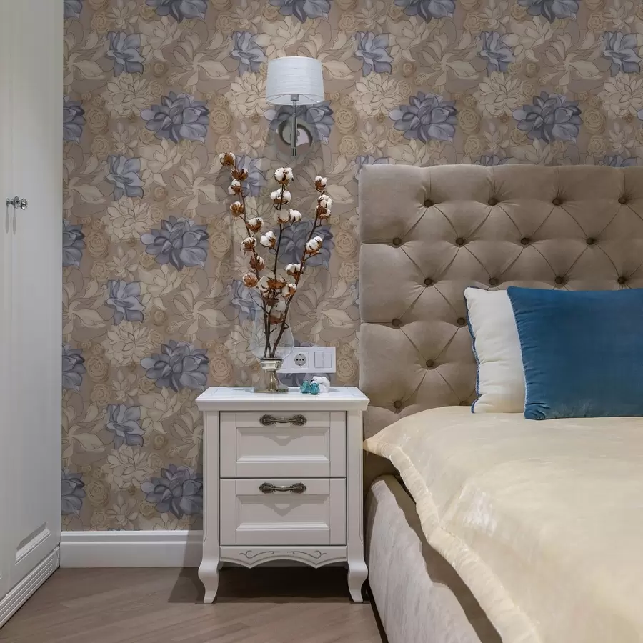 Fototapet Krämfärgade och blå blommor på en varm beige bakgrund a00634v1