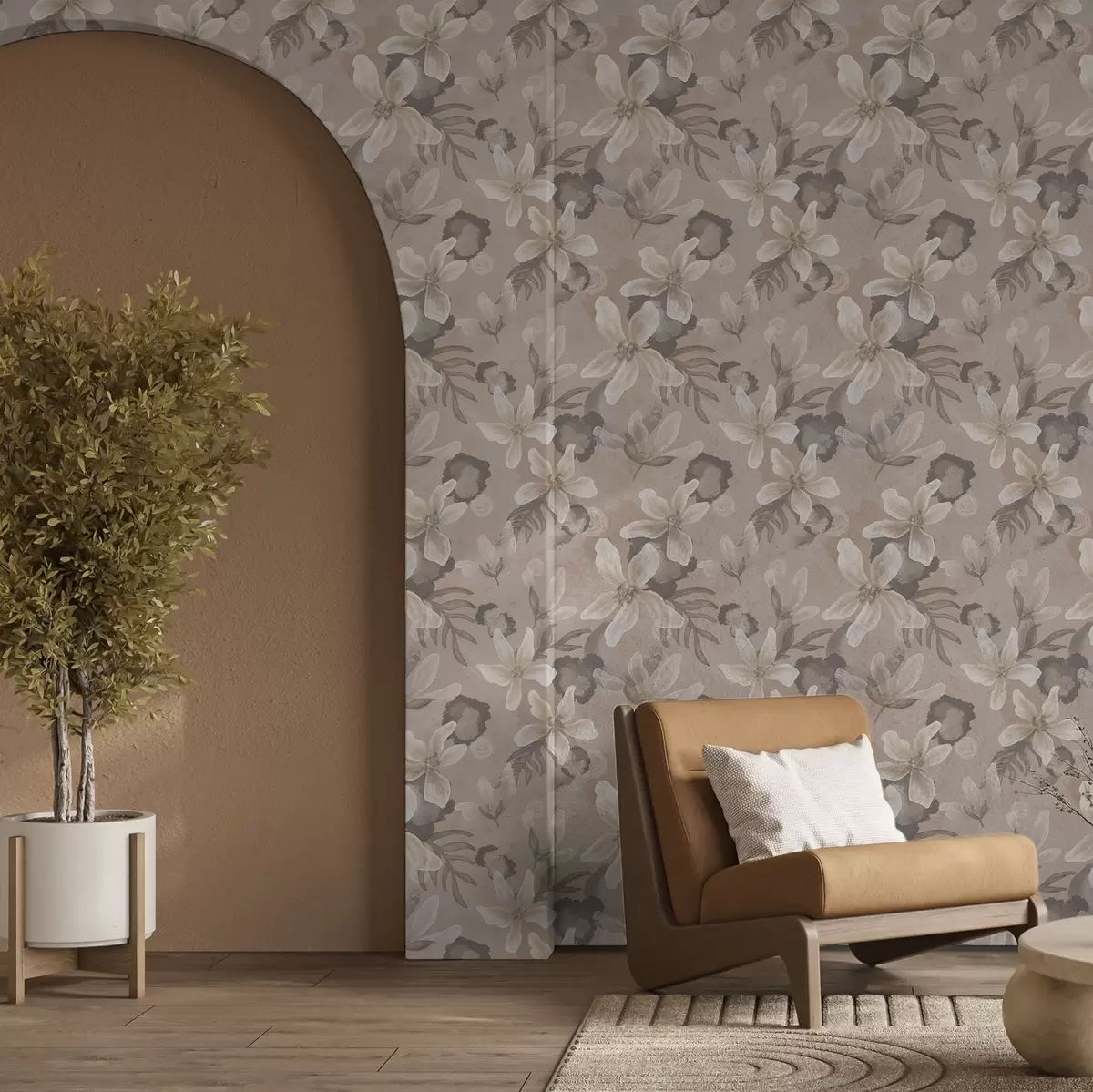 Bakgrund Stora beige blommor med abstrakta akvarellfläckar a00635