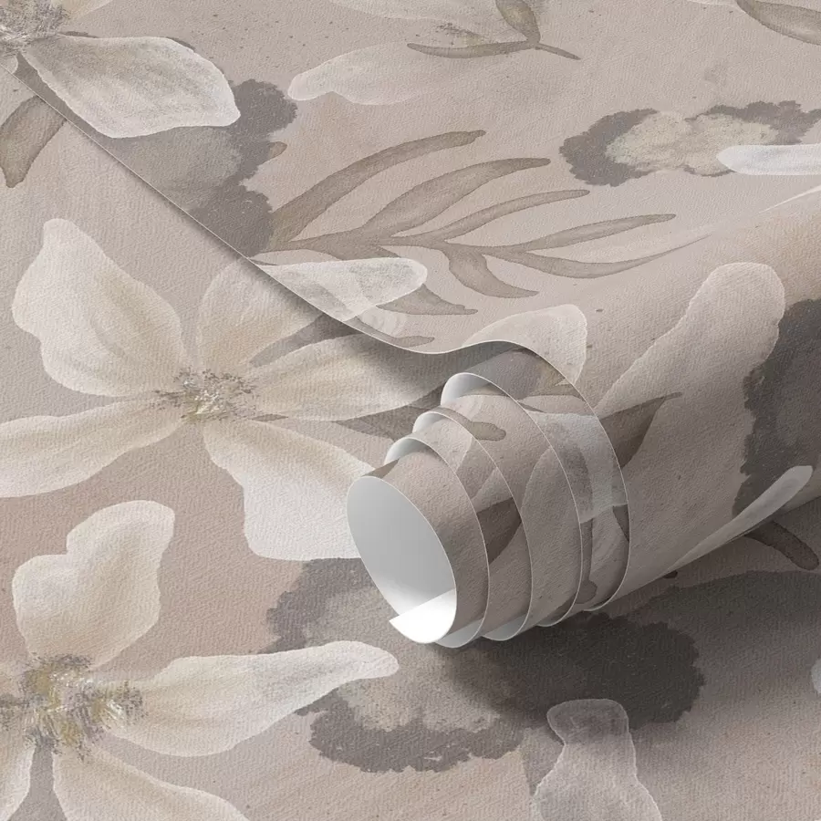 Fototapet Stora beige blommor med abstrakta akvarellfläckar a00635