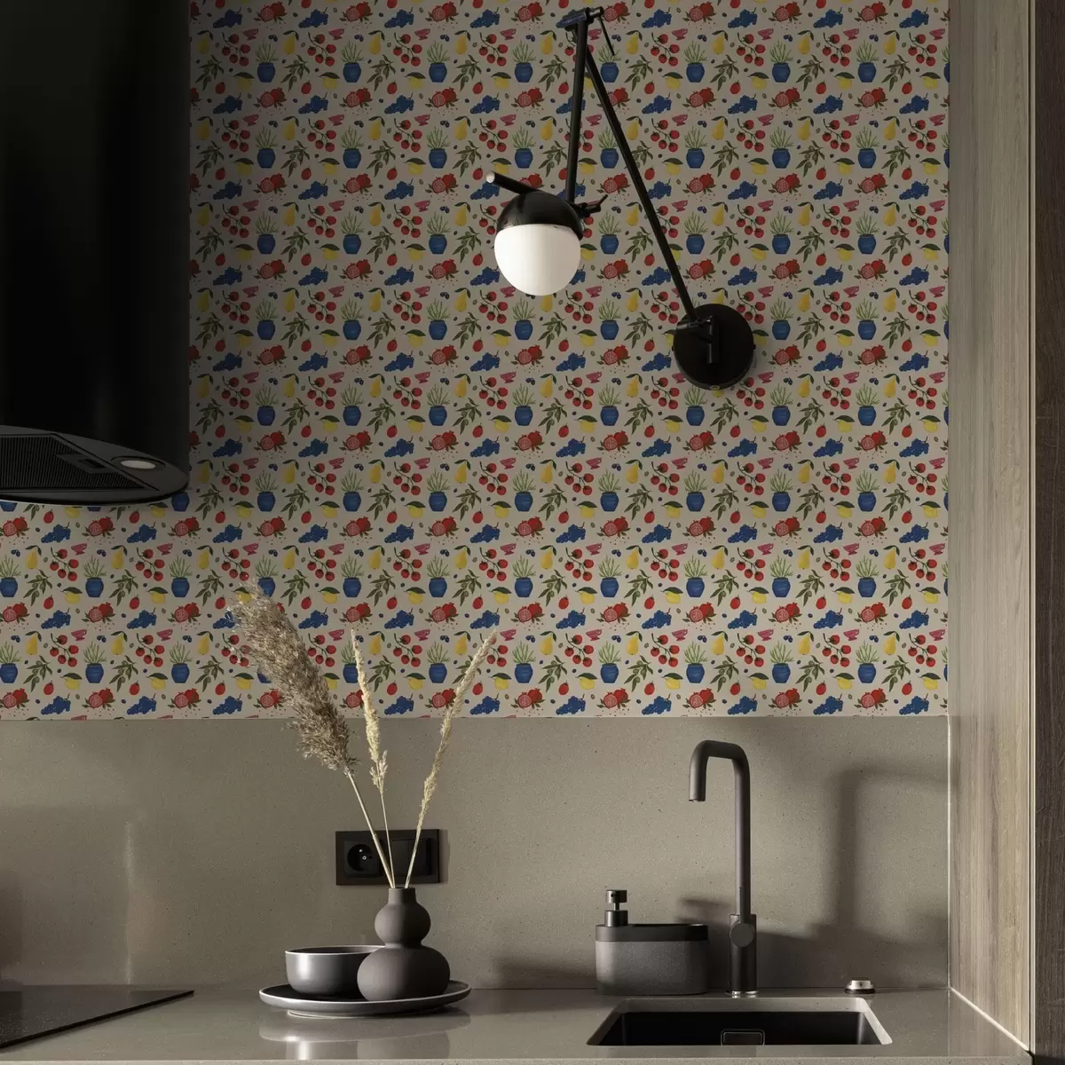 Bakgrund Livfullt mönster med frukter, grenar och vaser a00637