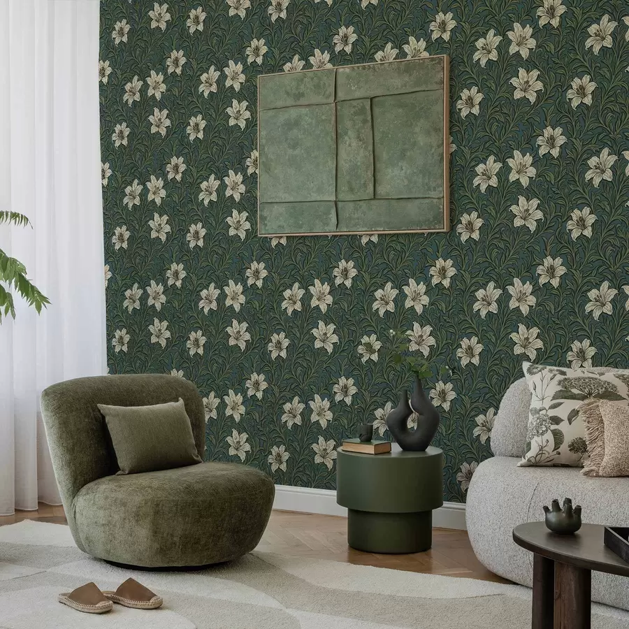 Fototapet Krämfärgade liljor bland tät grönska på turkos bakgrund a00645