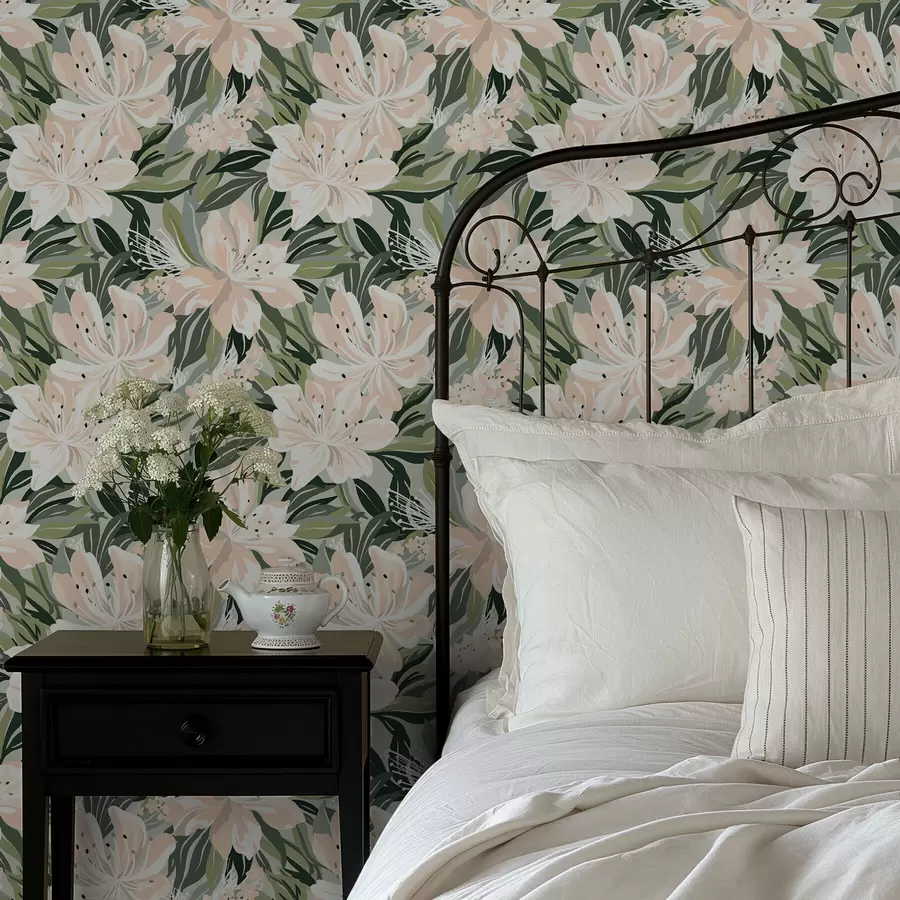 Fototapet Stora krämfärgade blommor på ljusgrön bakgrund a00646