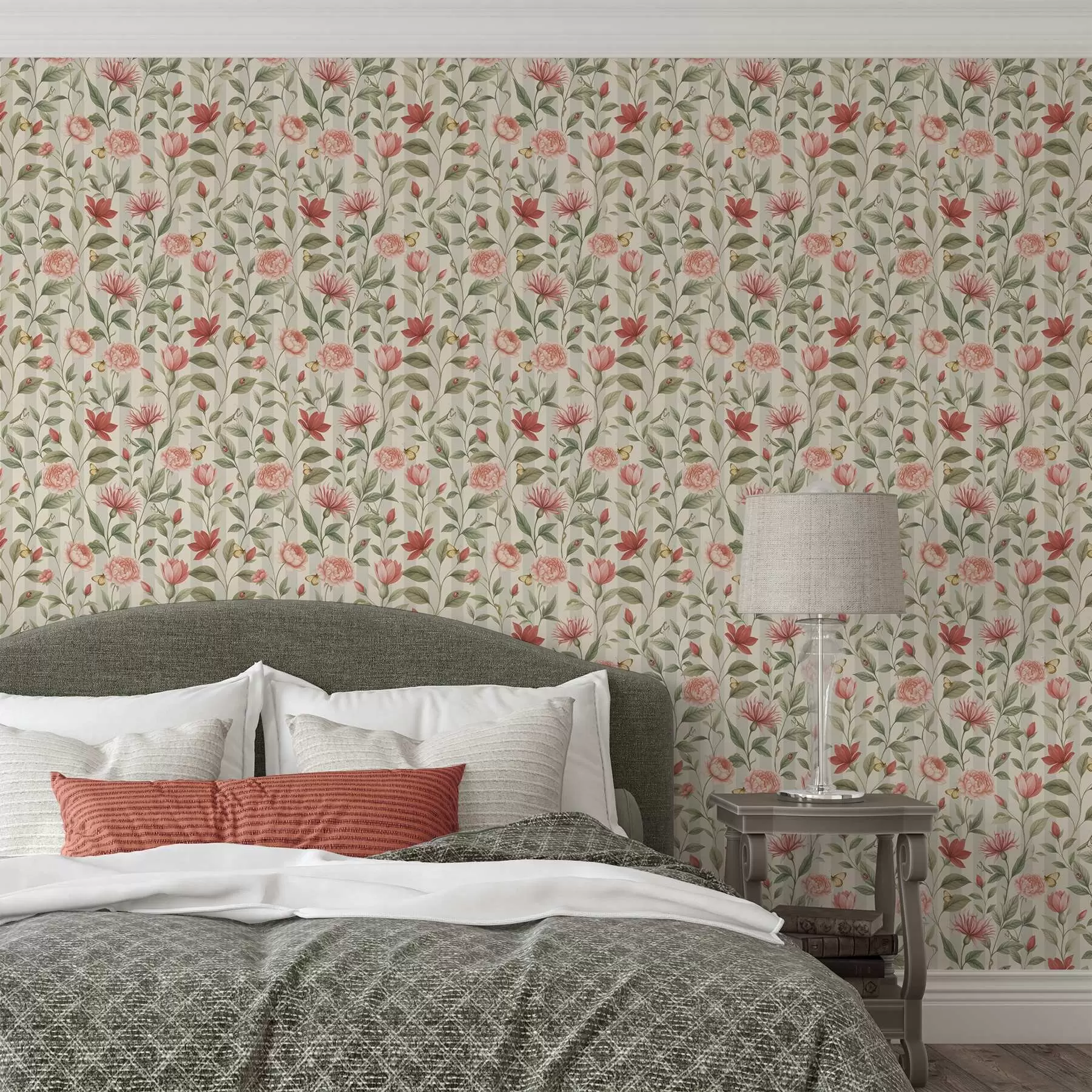 Fototapet Blommiga stjälkar med fjärilar på en ljus bakgrund a00698