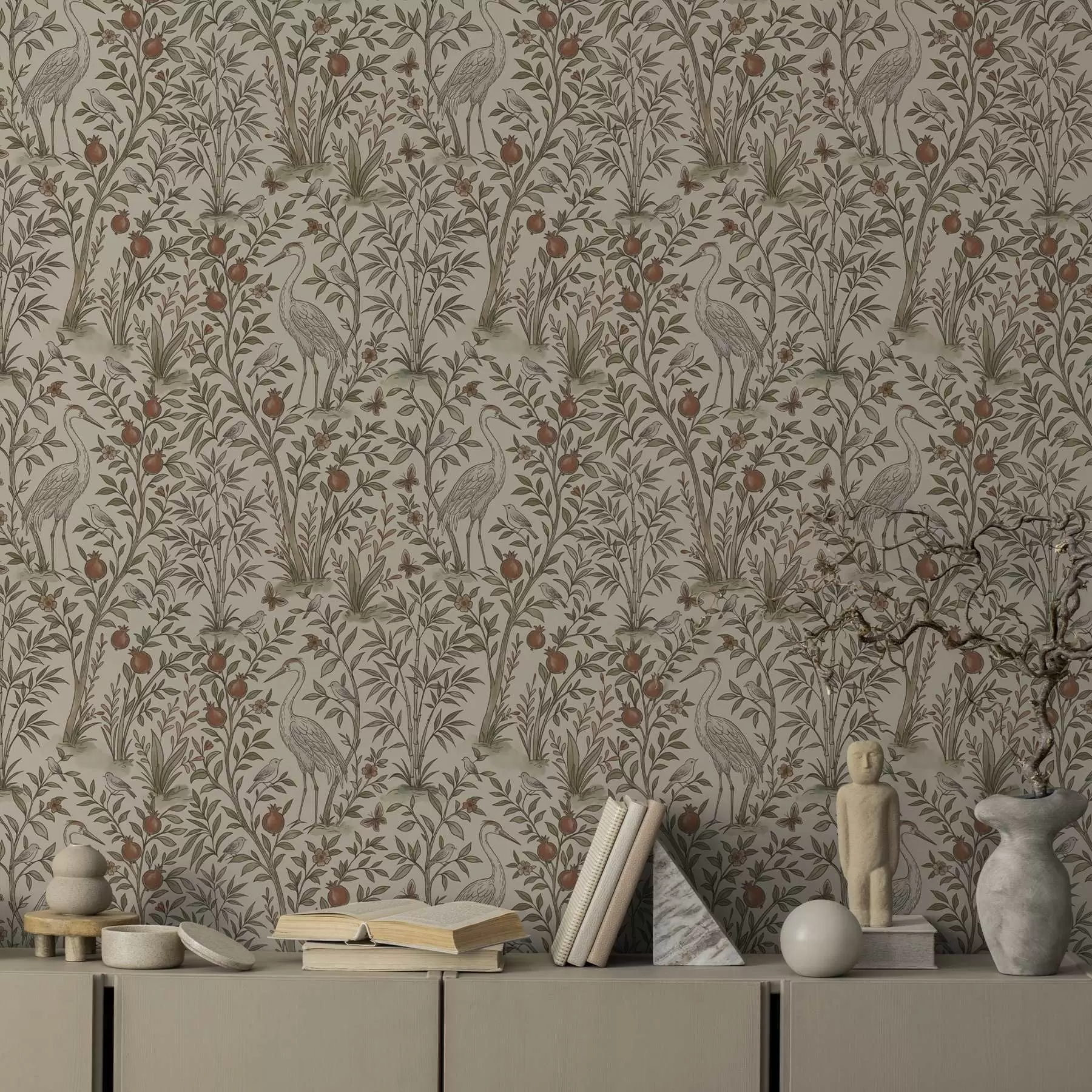 Fototapet Fåglar bland granatäppelträd i en naturlig miljö a00699