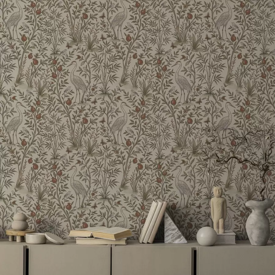 Fototapet Fåglar bland granatäppelträd i en naturlig miljö a00699