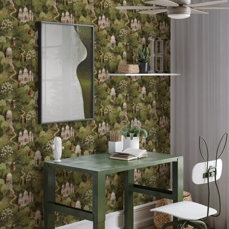 Fototapet Parkmiljö med träd och arkitektur i landskapsstil a00705