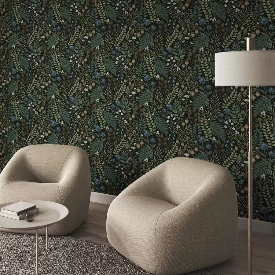 Fototapet Fältgräs, bär och frön på mörk bakgrund a00706