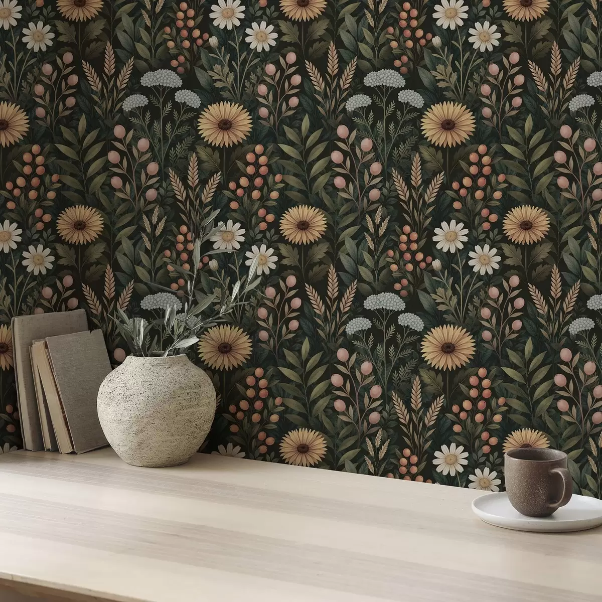 Bakgrund Vildblommor och bär på mörk bakgrund, naturligt ornament a00707