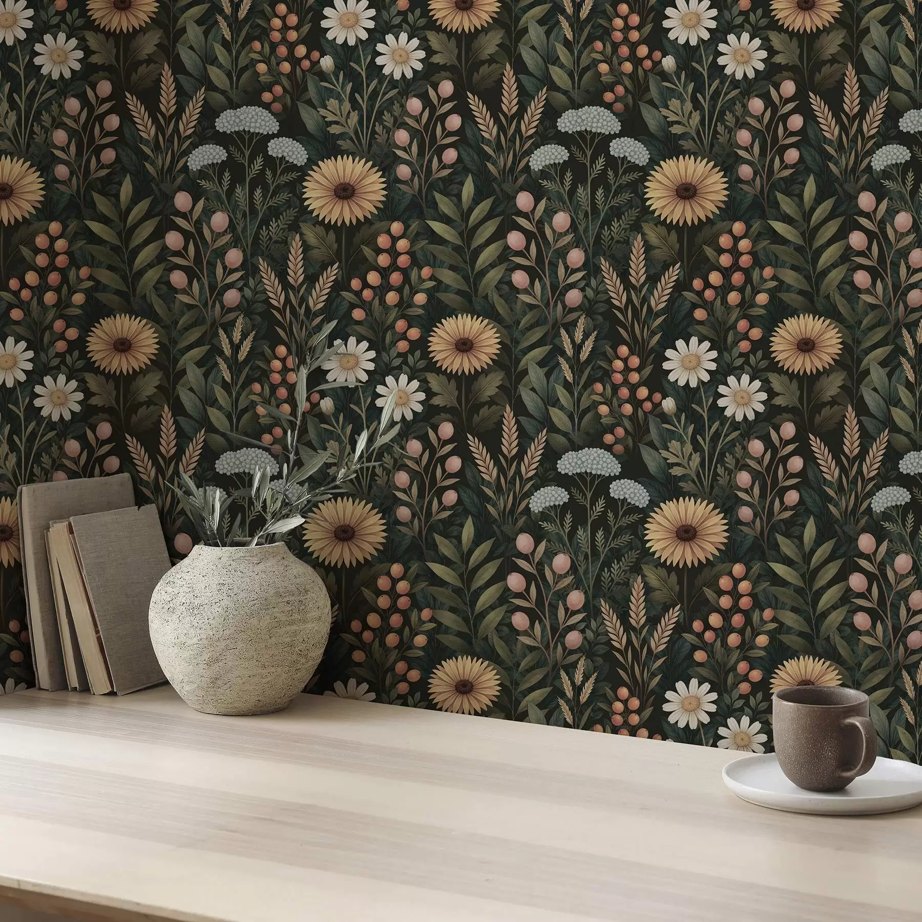 Fototapet Vildblommor och bär på mörk bakgrund, naturligt ornament a00707