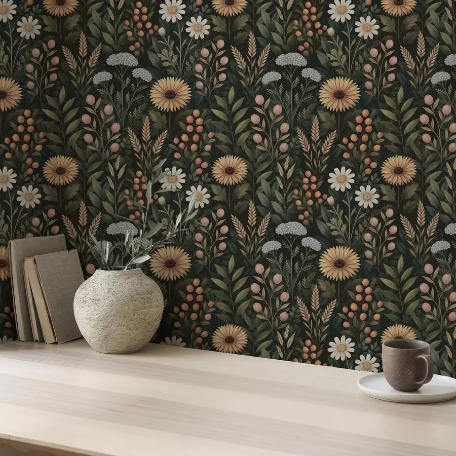 Fototapet Vildblommor och bär på mörk bakgrund, naturligt ornament a00707