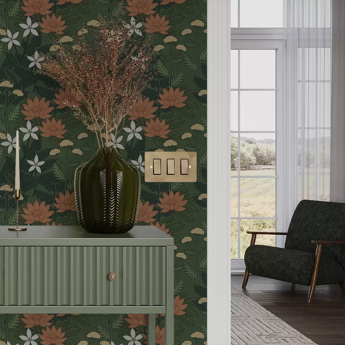 Bakgrund Stora blommor bland grönt bladverk, dekorativ komposition a00708