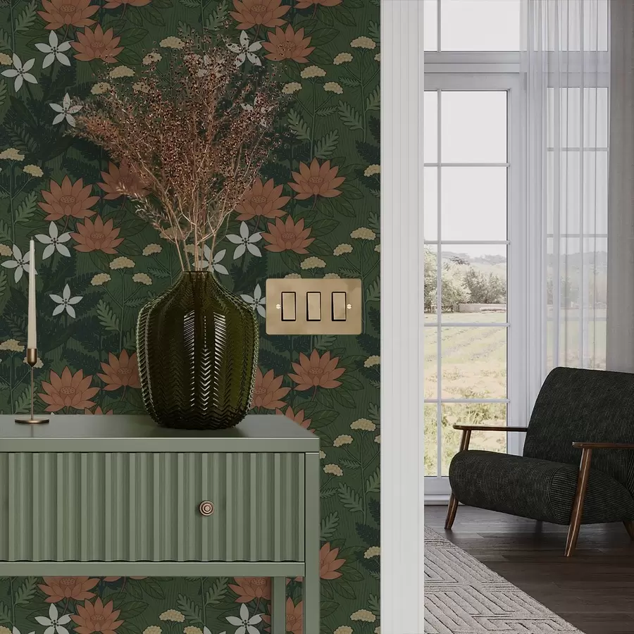 Fototapet Stora blommor bland grönt bladverk, dekorativ komposition a00708