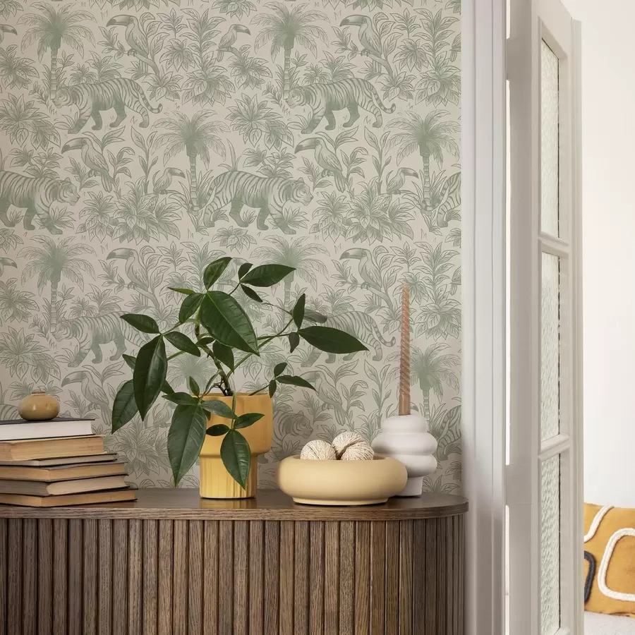 Fototapet Tigrar och tropiska fåglar bland palmer på en ljus bakgrund a00711