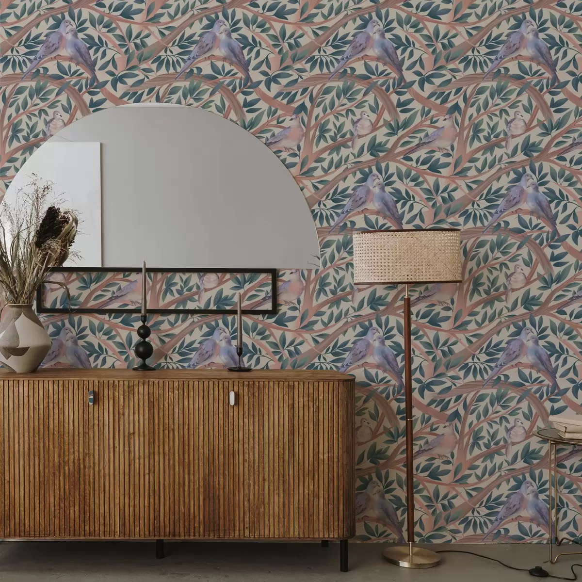 Bakgrund Duvor bland grenar och löv i en mjuk pastellfärgskala a00796