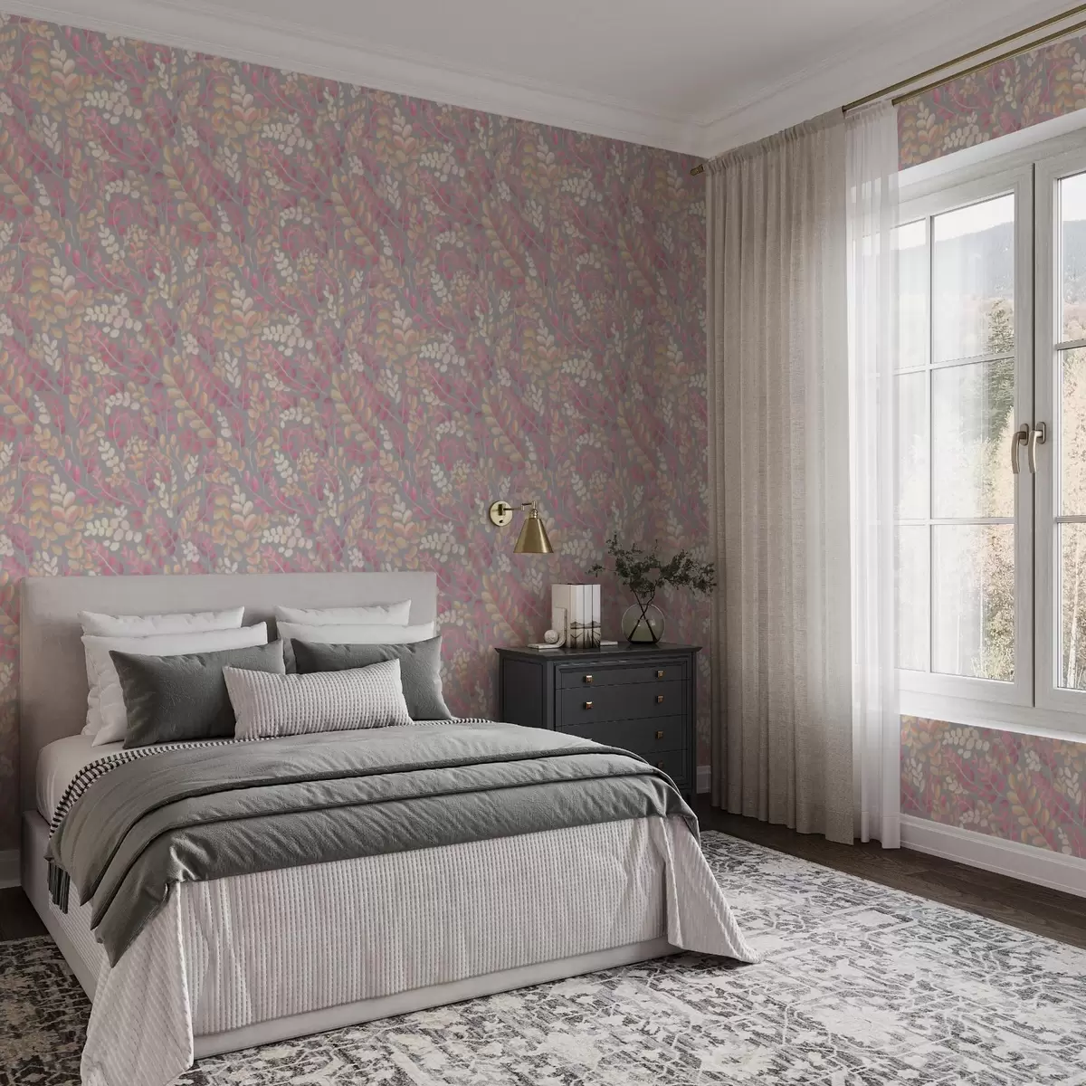 Bakgrund Pastellfärgade grenar med rosa-persikofärgat bladverk på grå bakgrund a00799v1