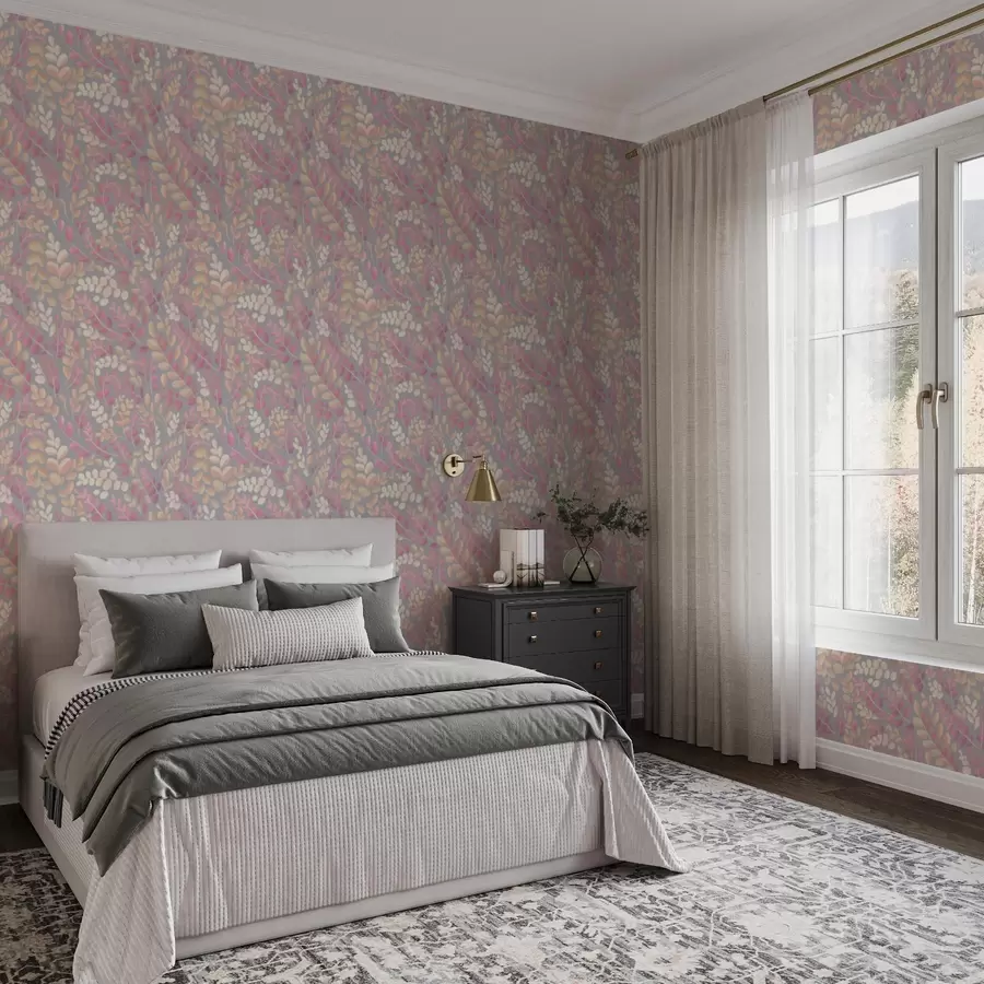 Fototapet Pastellfärgade grenar med rosa-persikofärgat bladverk på grå bakgrund a00799v1