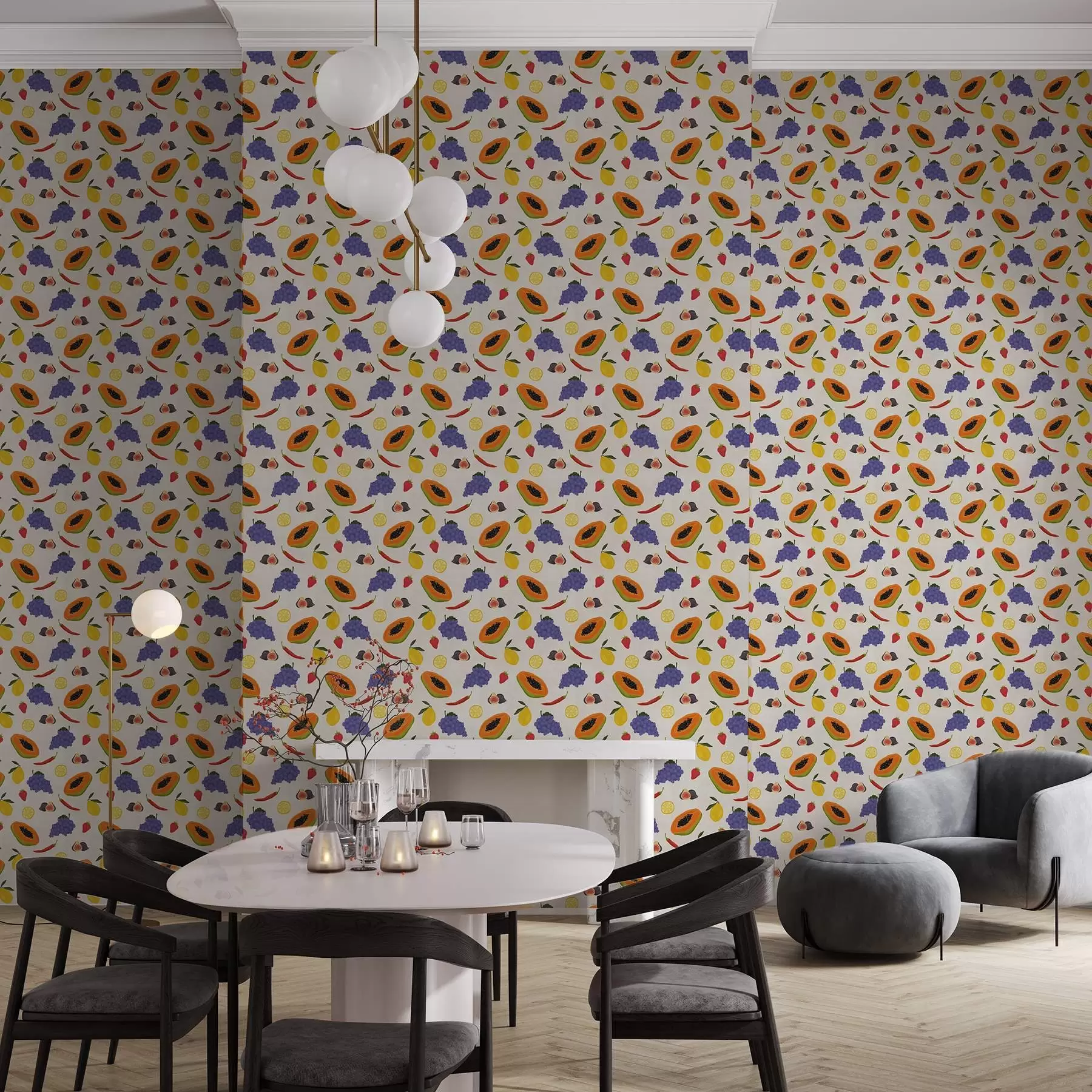 Fototapet Papaya, druvor och citroner – en ljus fruktblandning a00803