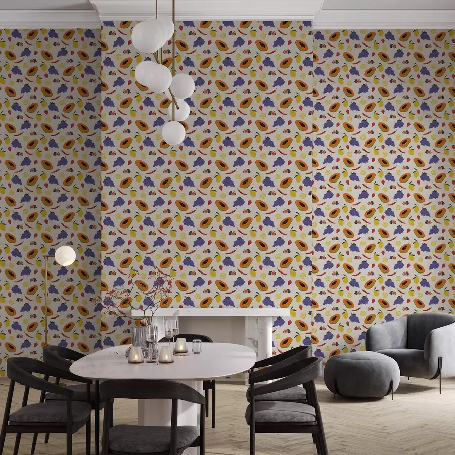 Fototapet Papaya, druvor och citroner – en ljus fruktblandning a00803