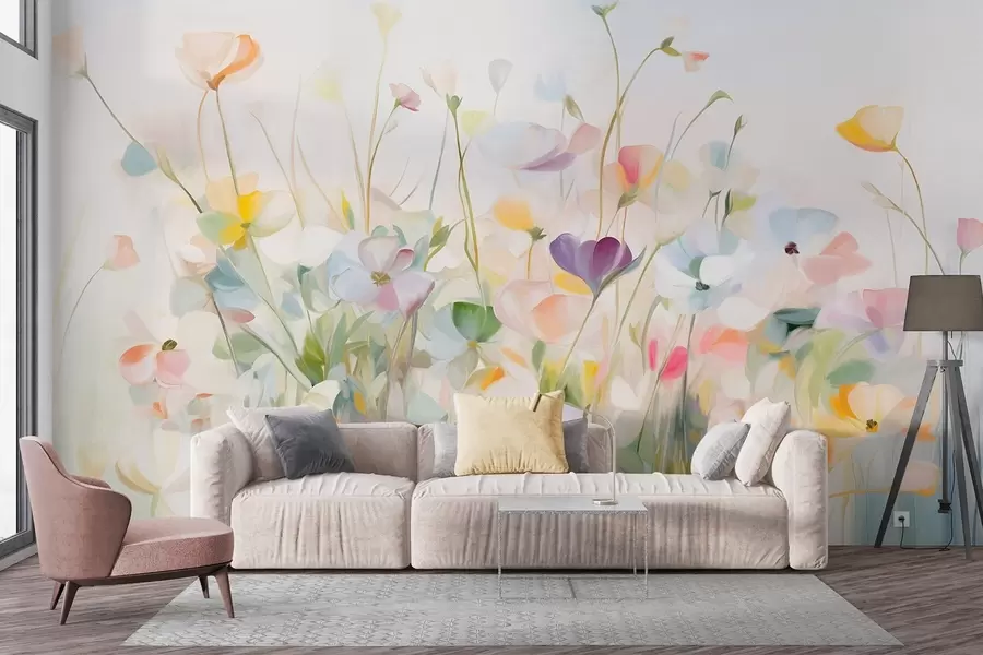 Fototapet Abstrakt motiv med färgglada blommor med långa stjälkar och gröna blad, texturerat, pastellfärgat, ljusa färger w09466