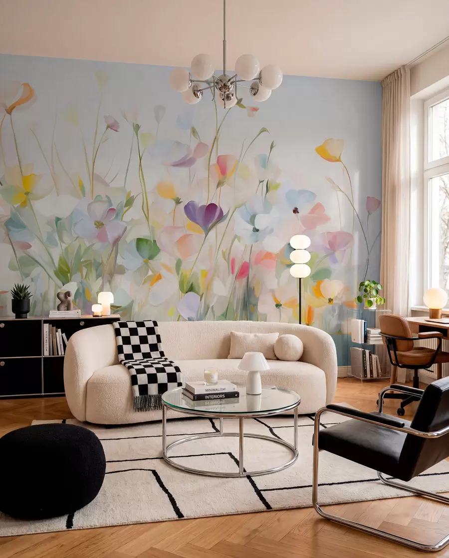 Fototapet Abstrakt motiv med färgglada blommor med långa stjälkar och gröna blad, texturerat, pastellfärgat, ljusa färger w09466
