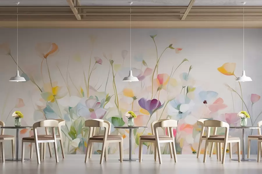 Fototapet Abstrakt motiv med färgglada blommor med långa stjälkar och gröna blad, texturerat, pastellfärgat, ljusa färger w09466