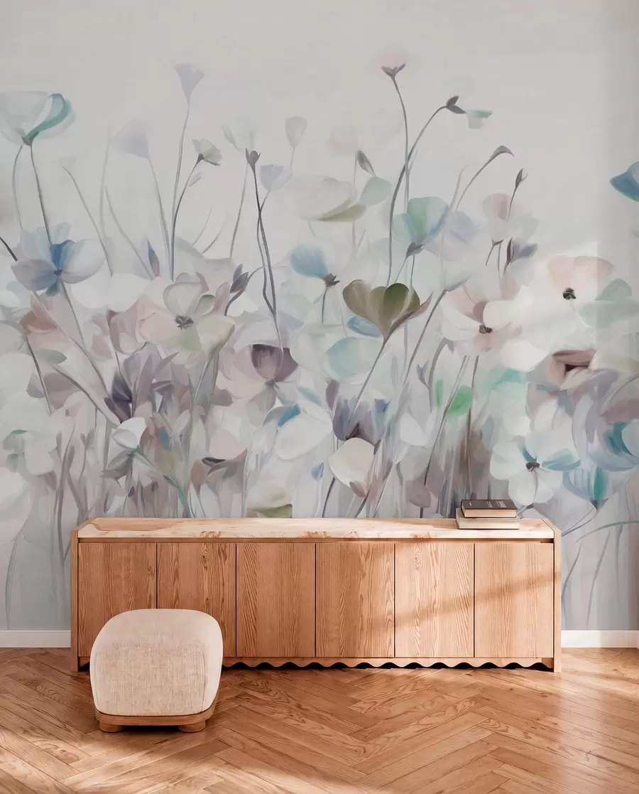 Fototapet Abstrakt motiv med blå och bruna blommor med långa stjälkar och blad, texturerade, pastellfärgade, dämpade färger w09466v1