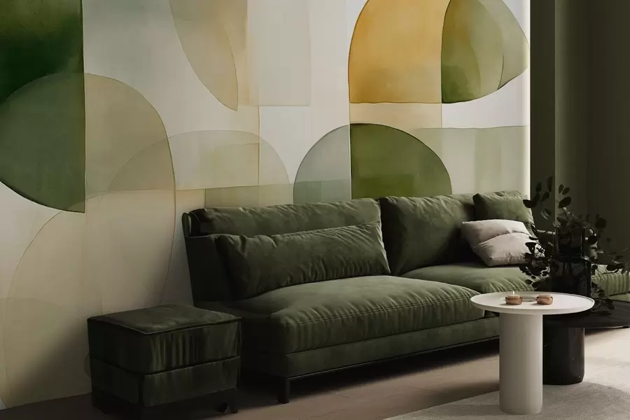 Fototapet Abstrakta texturerade former i nyanser av grönt och gult, dämpade toner, minimalistisk komposition, neutral bakgrund w09467
