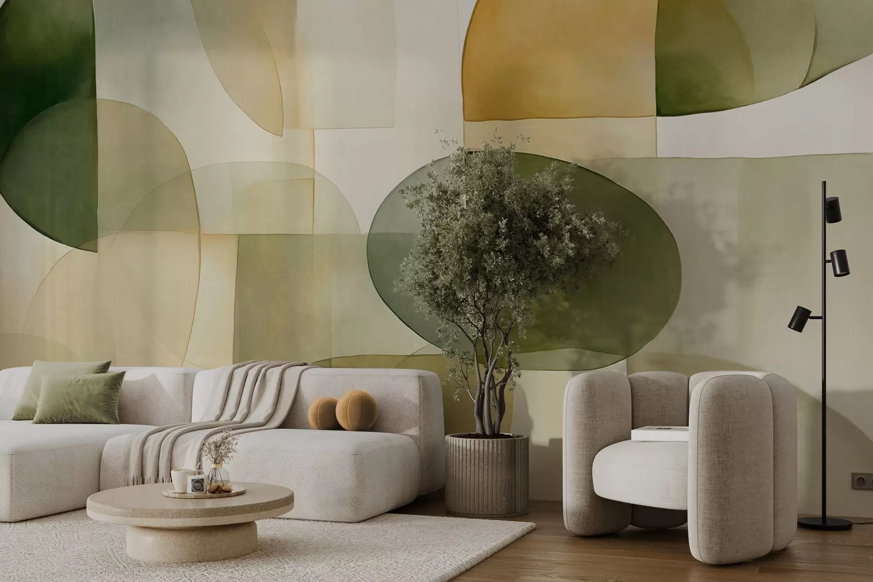 Fototapet Abstrakta texturerade former i nyanser av grönt och gult, dämpade toner, minimalistisk komposition, neutral bakgrund w09467